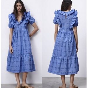 Zara Openwork Embroidered Ruffle Dress Blue